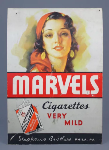 Antique/Vintage Marvels Cigarettes Advertising Sign, Cardboard, ca. 1930s