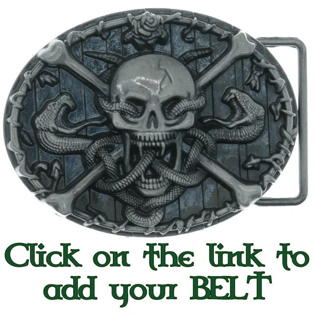 Fibbia cintura serpente teschio e ossa incrociate metallo pesante biker stile peltro pirata