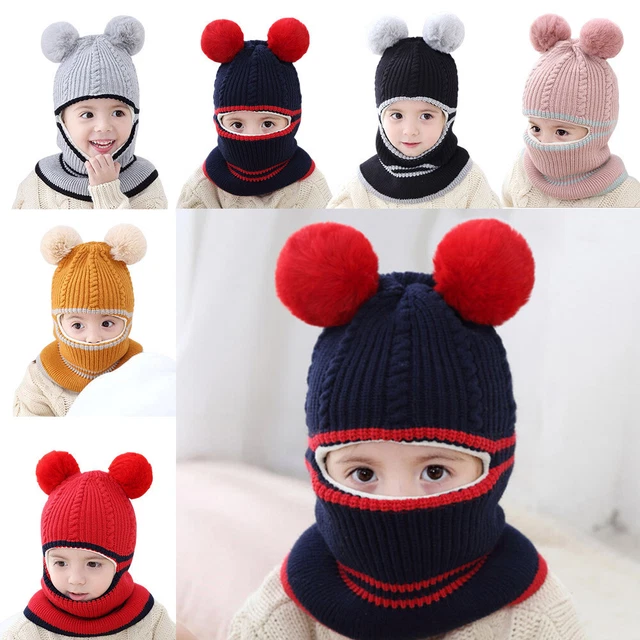 Knitted Cap Kids Girls Boys Toddler Winter Warm Earflap Baby Hat Hooded Scarf --