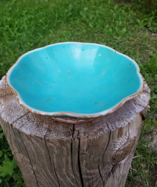 Antique Chinese Tongzhi Painted Porcelain Turquoise Scalloped Bowl Marked China 2