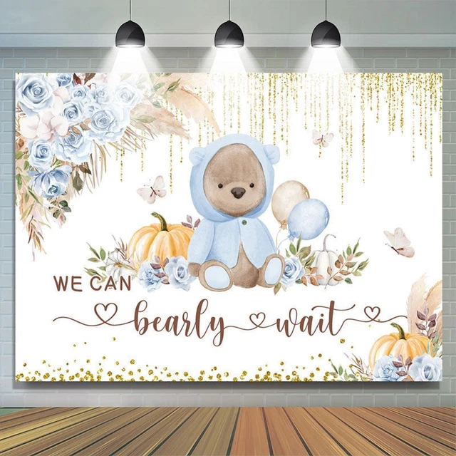 BLUE FLORAL TEDDY Bear Gold Glitter Baby Shower Backdrop $36.09 ...