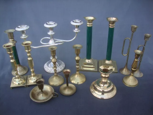 Lot 13 Vintage Brass Candle sticks 10" Silverplate Candelabra Weddings Christmas