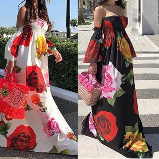 Womens Summer Boho Strapless Off Shoulder Backless Flowy Beach Long Maxi Dress