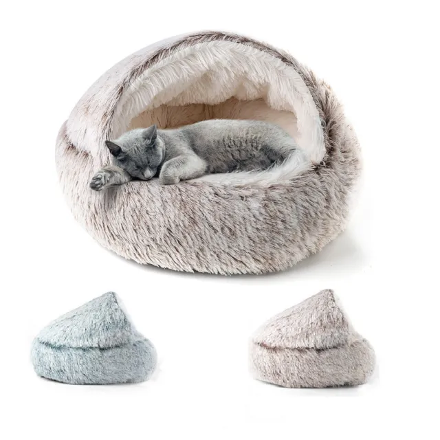 CATISM Cat Bed Cave Plush Fluffy Hooded Cat Bed Donut Self Warming Pet Dog Bed