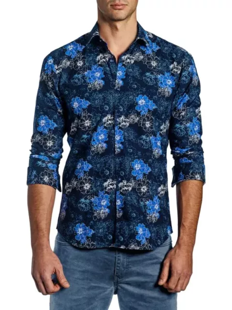 JARED LANG Floral Cotton Button Down Shirt, Point collar, Long sleeves, XL, $190