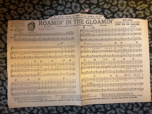 Roamin' In The Gloamin'  by Harry Lauder Rare Sheet Music From 1911