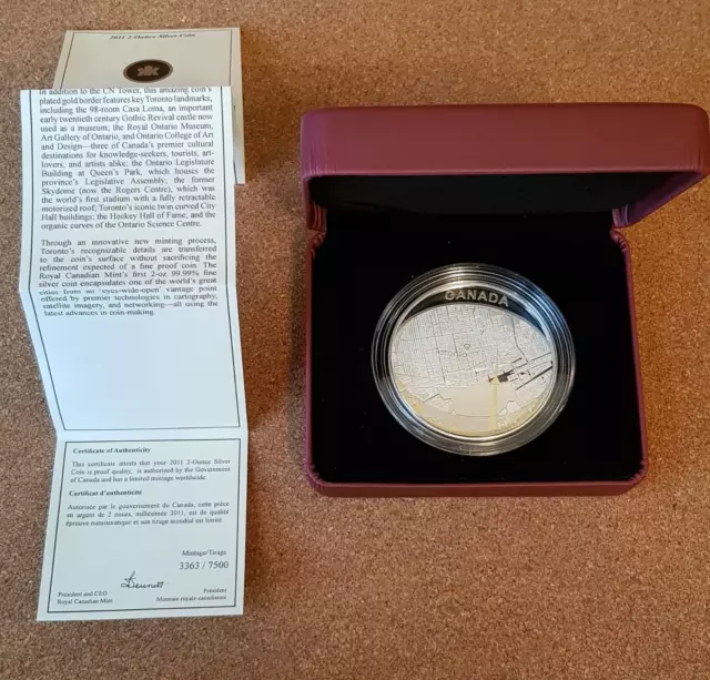 2011 $25 2oz Fine Silver Proof Coin Toronto City Map Canada Gold Plated Tower