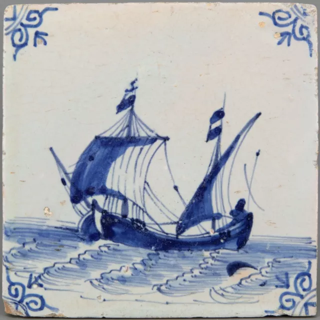 Nice Dutch Delft Blue tile, sailboat, 17th century.