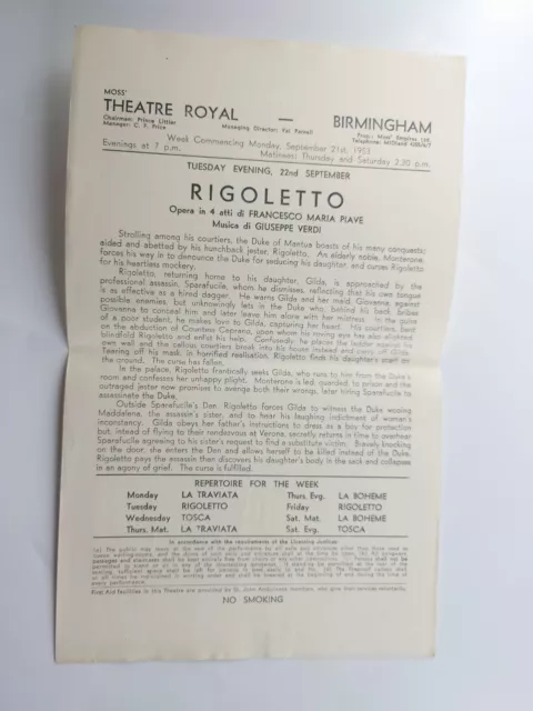 Theatre Royal Birmingham 1953 Rigoletto Ernesto Vezzosi Gianni Raimondi