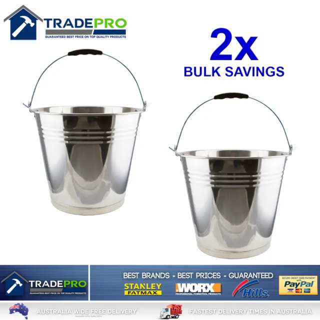 2x Stainless Steel Bucket with Handle 10ltr Heavy Duty Quality 10L Marine Pail