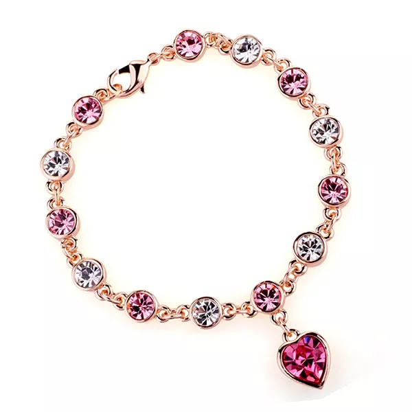 Gorgeous 18K Gold Plated & Genuine Pink & Clear Cubic Zirconia Heart Bracelet