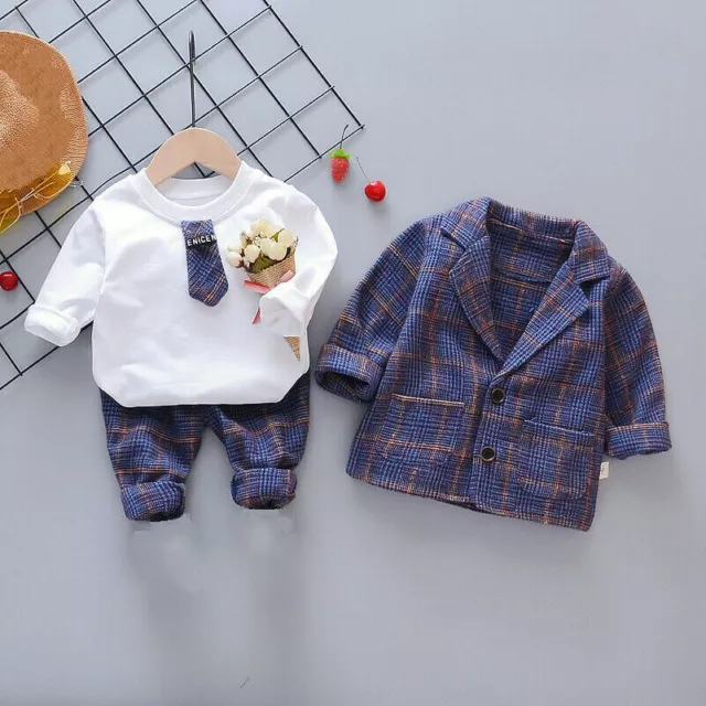 3PCS Baby Boy Toddler KIds Gentleman Outfit Suit Romper Coat + Pants + Shirt