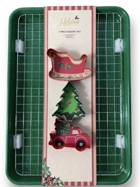 Christmas Holidays 5 Piece Baking Sheet Set 11X16 Cooling Rack 3 Cookie Cutters