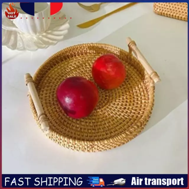 Handmade Rattan Storage Tray with Wooden Handle Wicker Basket for Cake (M) FR