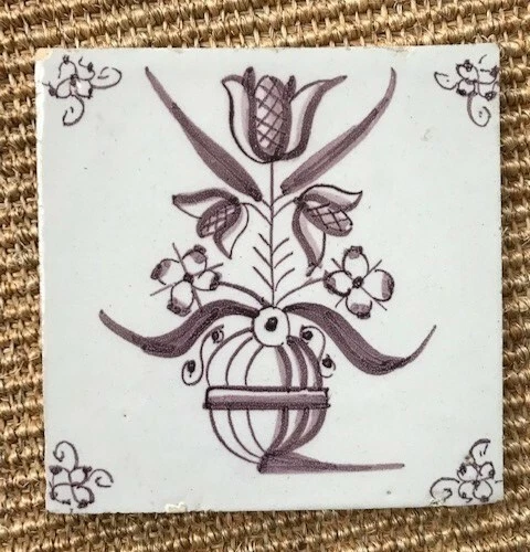 Antique 18C Dutch Delft Manganese Tile Featuring A Vase Of Flowers