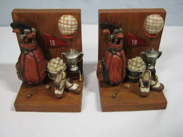 PAIR of Resin Golf Bookends Gold Bag Hat Shoes Golf Balls Man Cave Trophy