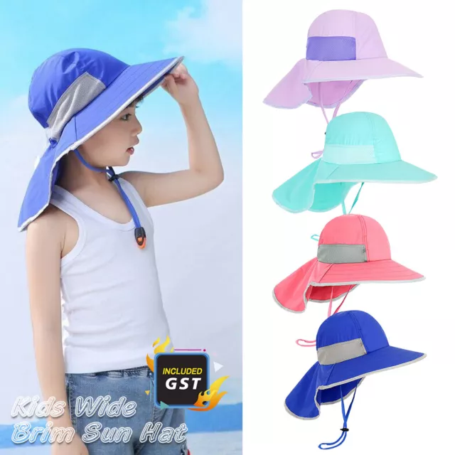 Beach Hat Girls Boys Kids Sun Bucket Wide Brim Neck Flap legionnaires Cap UVF50+