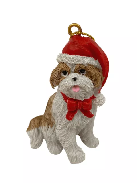 Brown Tan White Shih Tzu Christmas Xmas Ornament Cute Resin New Red Santa Hat