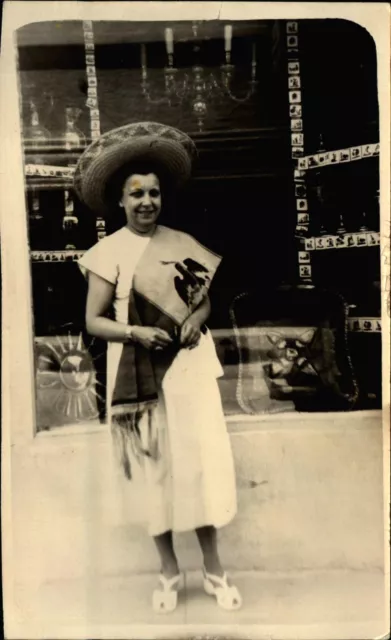 Woman Mexican hat and scarf with emblem ~ Kodak Mexicana Mexico RPPC