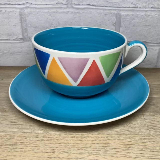 Whittard of Chelsea Hand Painted Jumbo Cup & Saucer Mosaic Blue Design Triangles