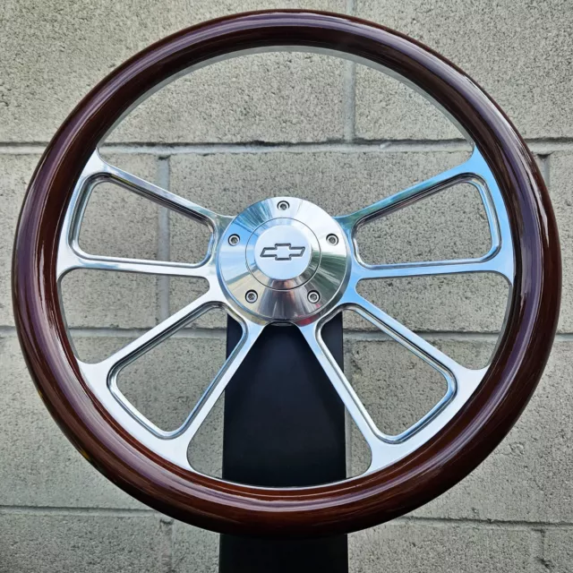 14" Billet 4 Spoke Steering Wheel Mahogany Wood Licensed Chevy Horn