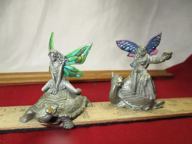Vintage Pewter Fairies Sitting On Turtle Snail Painted Wings