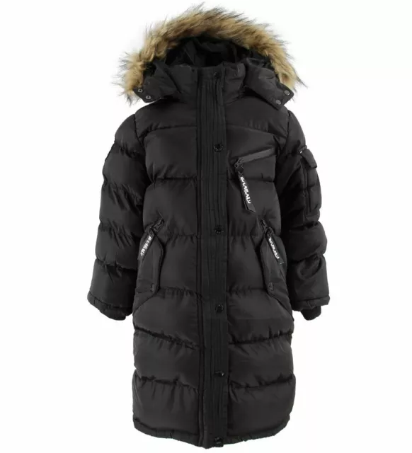 HULABALU Premium Padded Long Winter Down Hooded Parka Jacket Coat Black 5-6yrs