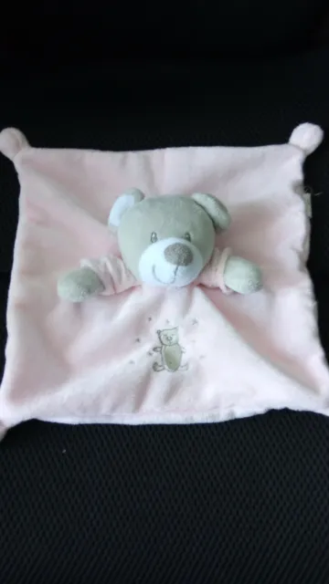 Doudou ours plat rose gris blanc brodé ours VETIR GEMO TBE