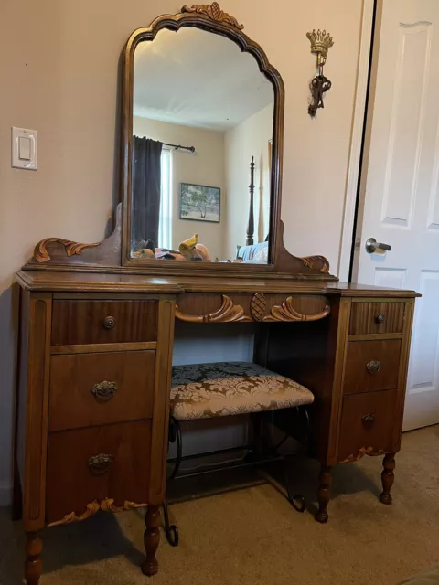 Antique Wood Vanity Dressing Table with Mirror and stool