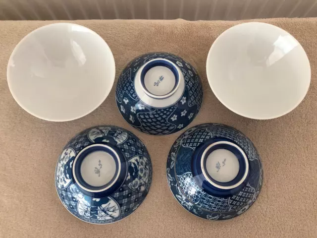 Vintage Set 5 Oriental Blue White Rice Bowls Dish Hand Painted Japanese Chinese