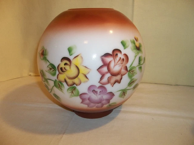 Antique Hand Painted Floral Glass Ball Globe Oil Parlor GWTW Lamp Shade 8 1/2"