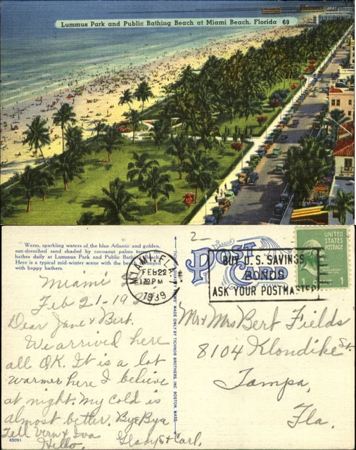 Lummus Park and Public Bathing Beach Miami Beach Florida FL 1930s mailed 1939