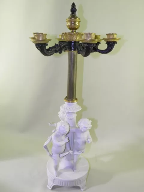 Antique German Bisque Volkstedt-Rudolstadt Figural Candelabra  Gilded Empire Top