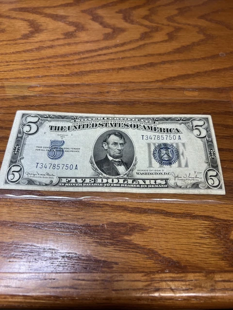 1934 Five Dollar Blue Seal Note Silver Certificate Old US Bill $5 Free Shipping