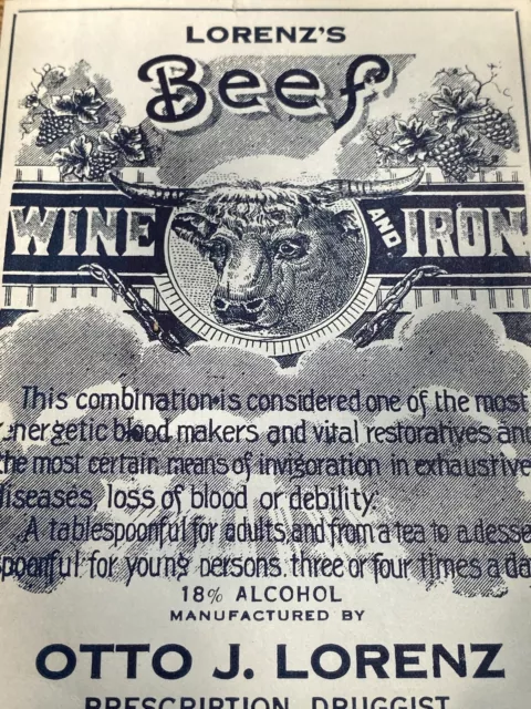 Vtg 1900’s Otto Lorenz Beef Cow Wine Advertising Alcohol Label Druggist Chicago