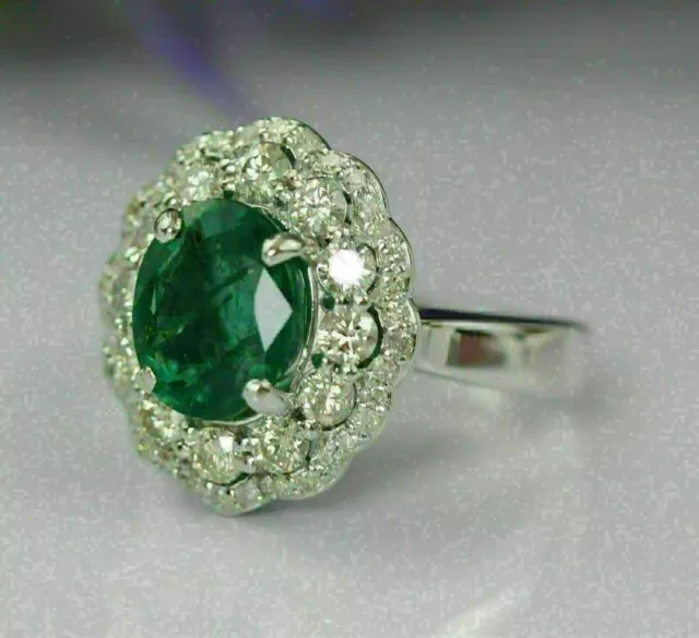 5CT OVAL CUT Natural Green Emerald & Moissanite Halo Ring 14K White ...