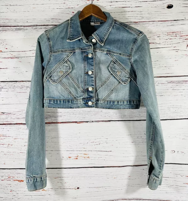 Younique Cropped Jean Jacket Juniors Large Light Blue Denim Stretch Button Front