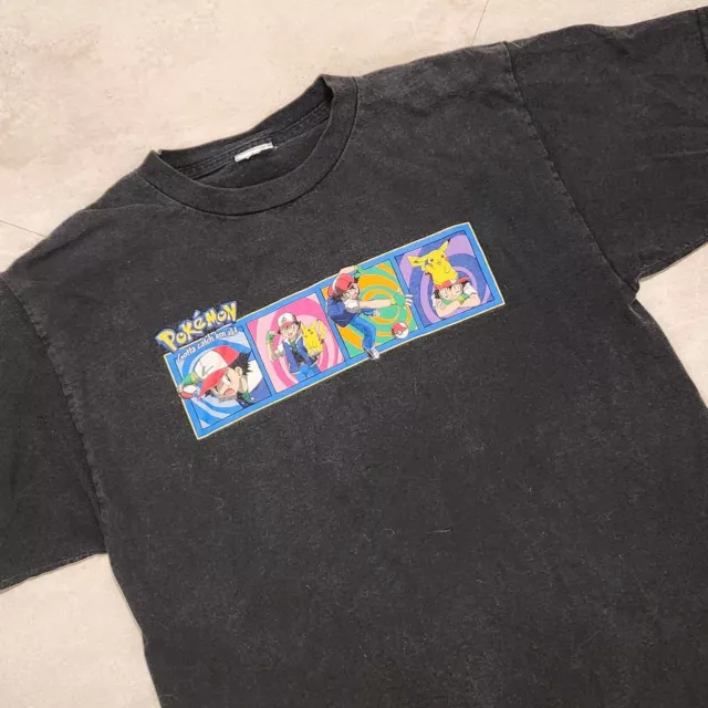 VTG 90s Y2K Pokemon Ash Pikachu Black Graphic T Shirt Nintendo Mens S Youth XL