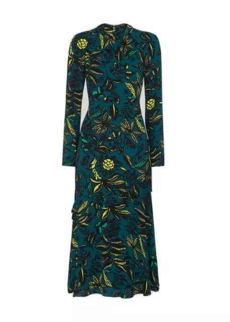 Whistles Assorted Leaves Dress Green UK  14 Midi Midaxi RRP 179 Tiered Fitted