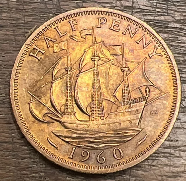 1960UK Great Britain Half 1/2 Penny Warship Coin -Free S&H  TONED!  lot - 31cl.2