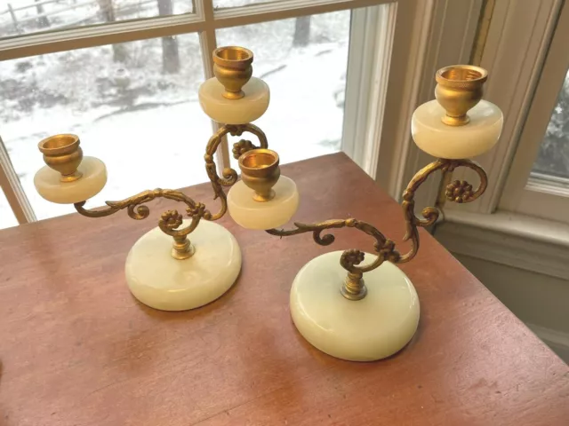 vintage pr. alabaster and vermeil Italian candlesticks