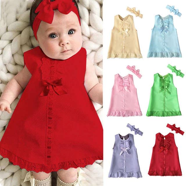 Bambine Pizzo Fiocco Abito senza Maniche Set Fascia Neonato Vestito Vestiti Au