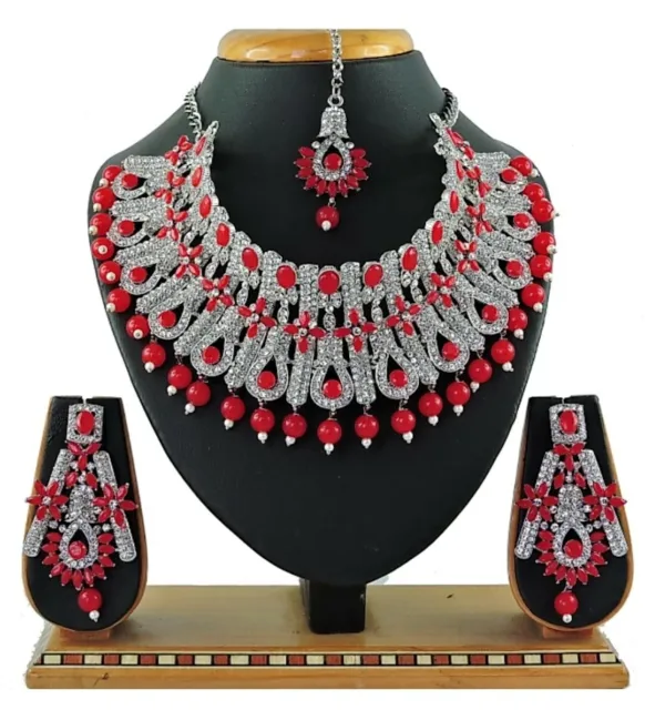 Red Pearl Stud Indian Sliver Plated Jewelry Necklace Earrings Mang Tika Choker