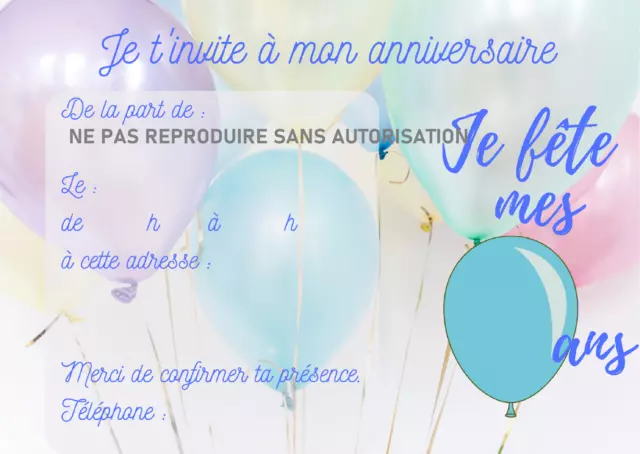 Carte d'invitation anniversaire enfant ballons bleus - Fête