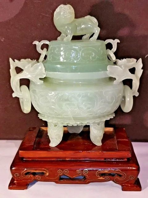 Chinese Vintage Carved Jade Green Censer Vase&Cover W.  Foo Dog And Wooden Stand