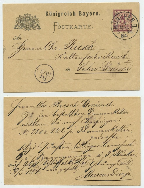 68397 - Ganzsache P 26 - Postkarte - München 9.5.1884 nach Schw. Gmünd