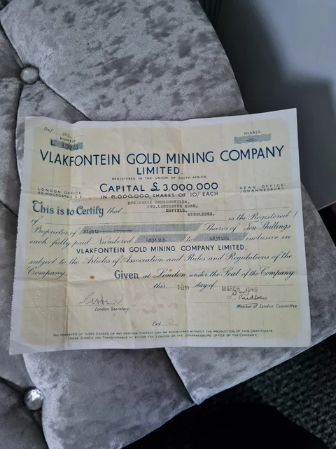 VlakfonteinGold Mining Company Limited S Africa Share Certificate 1949 VlakfonteinGold Mining Company Limited S Africa Share Certificate 1949
