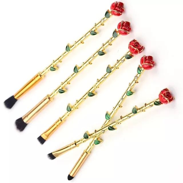 New Beauty Cosmetic Makeup Brushes Red Rose Golden Stem 5pc Set Eye Shadow