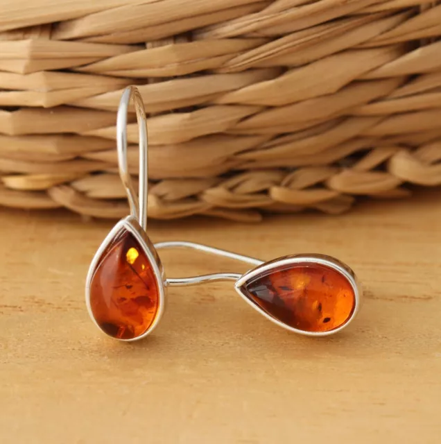 Natural Teardrop Baltic Amber 925 Sterling Silver Stylish Earrings Gift Boxed