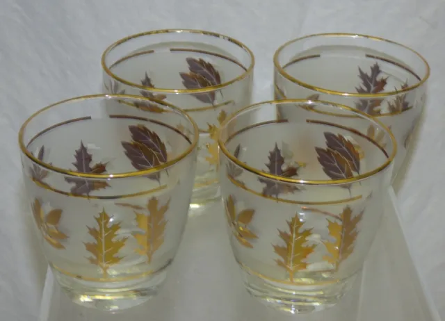 MCM 4 Libbey Golden Foliage Low Ball Old Fashioned Cocktail Glass Set Gold Leaf